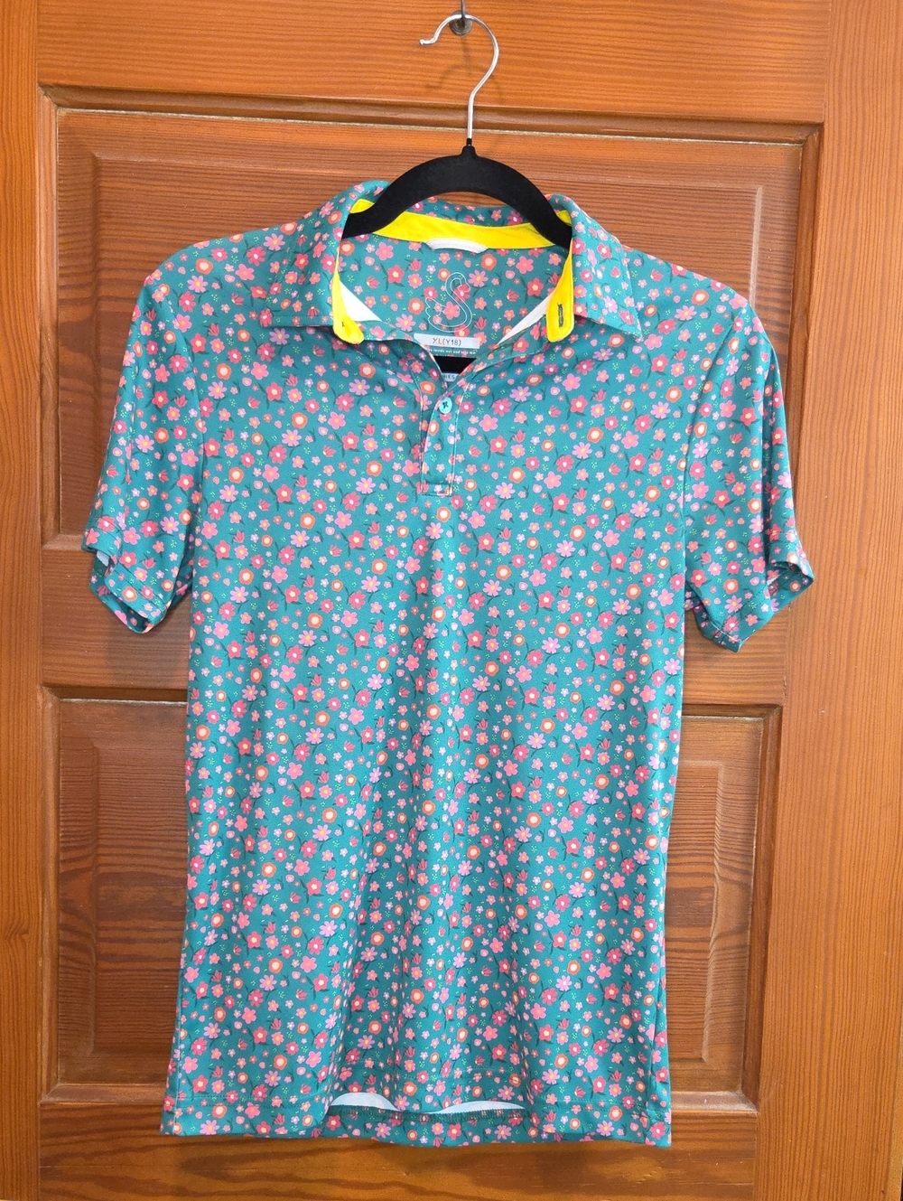 Kids Teal Floral Polo with Yellow Collar Accent